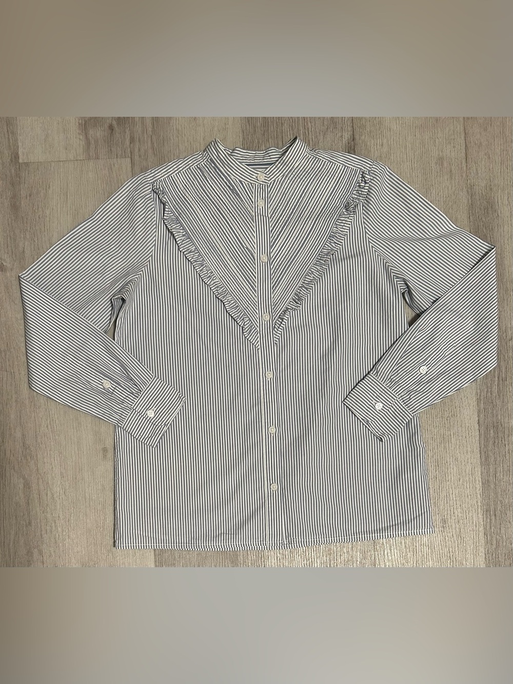 Women’s Blue and White Striped Button-Up Shirt with Ruffle Yoke - 100% Cotton